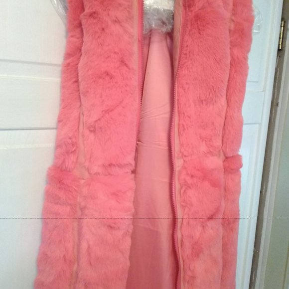 Vintage Austin Powers J&X Pink Long Shawl Faux Fur Hooded Sleeveless Jacket - Picture 3 of 9